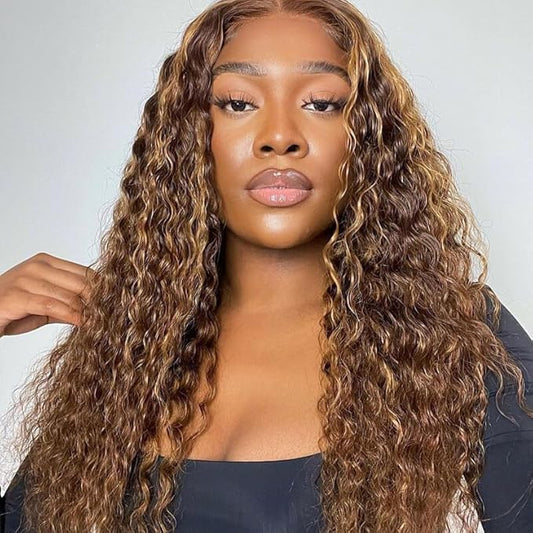 Highlight Ombre Lace Front Wigs Human Hair Honey Blonde Deep Wave 13x6 HD Transparent Lace Frontal Wigs Human Hair P4/27 Colored Curly Wig for Women 180% Density Glueless Pre Plucked 20 Inch Wig