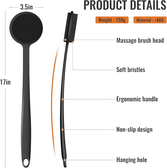 VWMYQ Silicone Back Scrubber, 17in Long Handle Body Brush, Double Sided Shower Brush for Exfoliating and Massage, Long Handle Back Scrubber for Men
