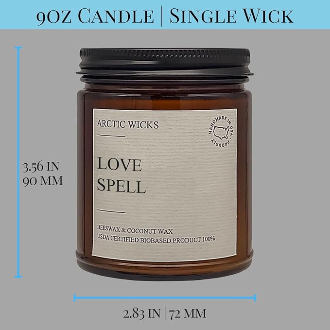 Arctic Wicks Scented Coconut Beeswax Candles | Coconut Beeswax Non Toxic Candle 9oz Amber | Farmhouse Candles Non-Toxic Clean Burn 100% USDA Certified Biobased (Love Spell)