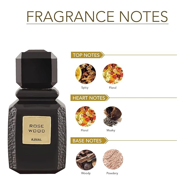 Ajmal Rose Wood Eau De Parfum - Long Lasting Unisex Perfume Spray - Warm Floral Woody Fragrance with Oud & Musk - Oriental Scent for Men & Women - 3.4 Fl Oz (100ml)