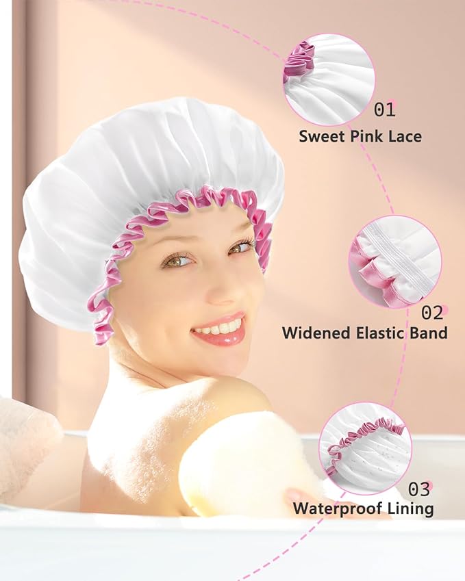 mikimini White Large Shower Cap for Women Long Hair, Reusable Waterproof Double Layers Bathing Hair Cap Soft Comfortable PEVA Lining, Cute, Non-fading & Stretchy Shower Hat X-Large Pack of 1