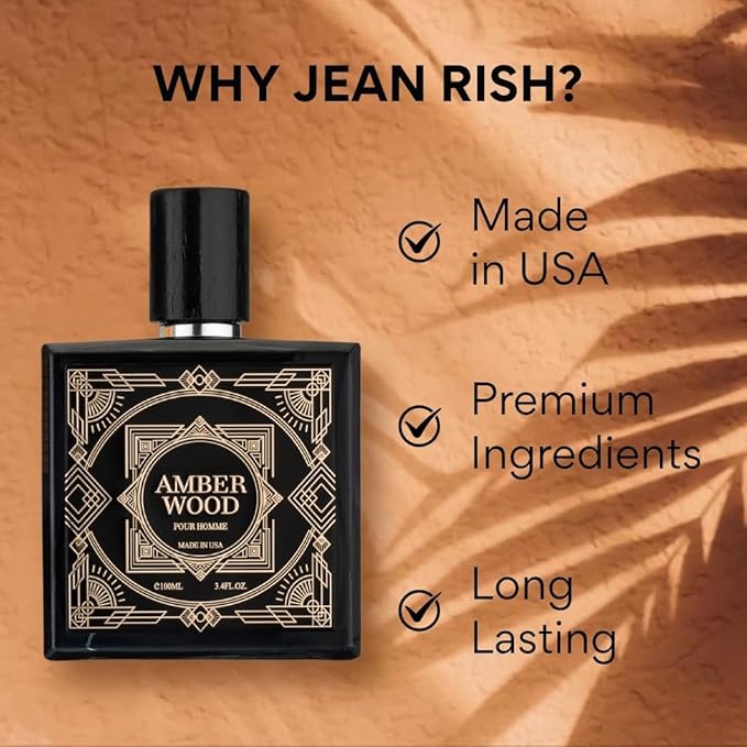 Jean Rish Amber Wood Eau De Toilette - Perfume for Men (3.4 Fl Oz / 100ml) with Cardamom, Sandalwood & Tonka Bean Notes - Long Lasting and Luxury Fragrance