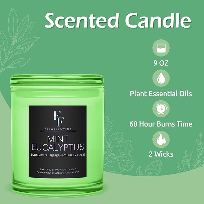 Mint Eucalyptus Scented Candle, 2-Wick Luxury Soy Wax Candle, 9 oz Aromatherapy Candle Home Fragrance Candles Gift