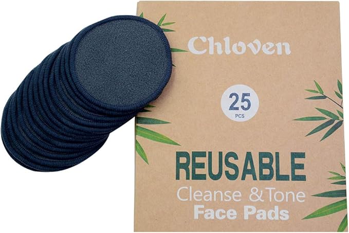 Chloven 25 Pack Charcoal Bamboo Reusable Makeup Remover Pads - Bamboo Reusable Cotton Rounds for Toner, Washable Eco-Friendly Pads for All Skin Types with Cotton Bag for Storage