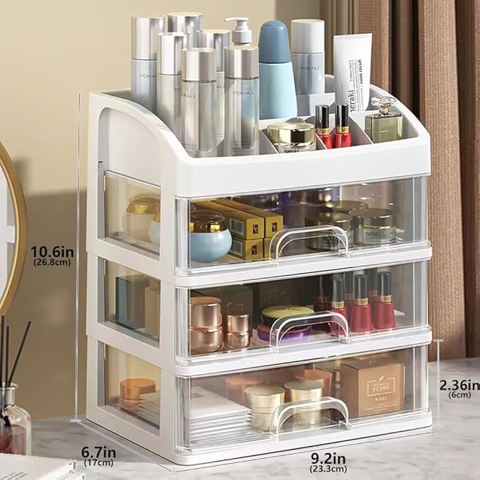 Makeup Organizer with 3 Drawers, Cosmetic Display Cases, Makeup Storage Box (3 Drawers) (white)