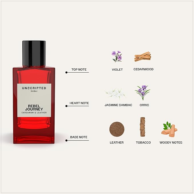 Unscripted Rebel Journey - Luxury Arabian Cologne for Men - Long Lasting Perfume from Dubai with Notes of Violet, Leather, Jasmine, Woody, Cedarwood & Tobacco - Arabic Eau de Parfum - 3.4 oz EDP Spray