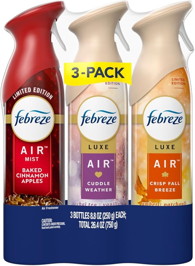 Febreze Air Freshener Spray, Odor-Fighting Room Spray, Crisp Fall Breeze, Cuddle Weather, Baked Cinnamon Apple, 8.8oz, 3 Count