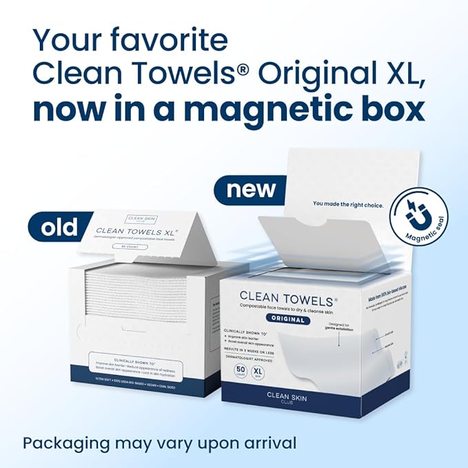 Clean Skin Club Clean Towels XL®, 100% USDA Biobased Face Towel, Disposable Face Towelette, Eczema Association Accepted, Makeup Remover Dry Wipes, Ultra Soft, 50 ct per pack, 4 Packs, 200 Ct Total