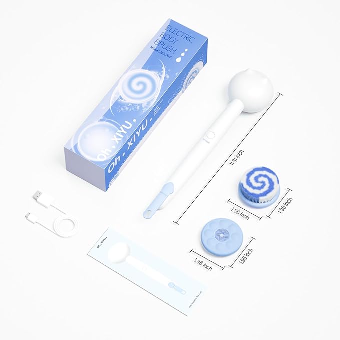 Electric Back Scrubber for Shower Body Brush, Waterproof Shower Body Scrubber for Cleansing, Massaging, Rechargeable Bath Brush for Kids with 2 Heads & 3 Speed Modes, Coconut Milk White XY0
