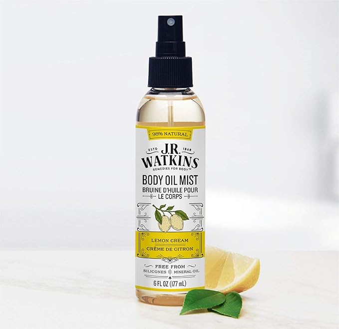 J.R. Watkins Natural Hydrating Body Oil Mist, Lemon Cream, Moisturizing Body Oil Spray for Glowing Skin, USA Made and Cruelty Free, 6 fl oz, Single