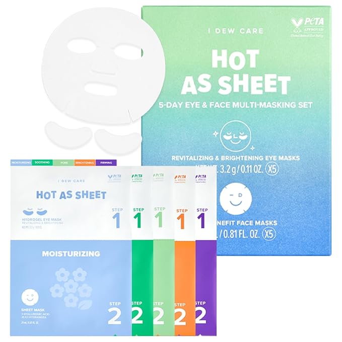 I DEW CARE Glass Skin Facial Sheet Mask Variety Pack – Hot as Sheet | 5 Days Face&Eye Masks Set, Moisturizing Face Masks Skincare, Korean Face Mask, Hydrating Collagen Face Mask, Soothing, 5EA