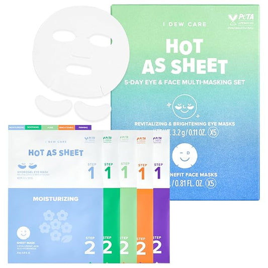 I DEW CARE Glass Skin Facial Sheet Mask Variety Pack – Hot as Sheet | 5 Days Face&Eye Masks Set, Moisturizing Face Masks Skincare, Korean Face Mask, Hydrating Collagen Face Mask, Soothing, 5EA