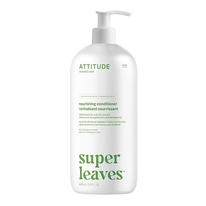ATTITUDE Nourishing Hair Conditioner, For Dry and Damaged Hair, Naturally Derived Ingredients, Vegan Detangler, Dermatologically Tested, Grapeseed Oil and Olive Leaves, 32 Fl Oz