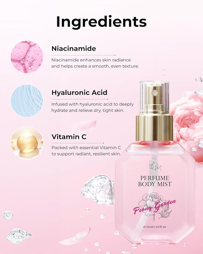 BOM Peony Garden Perfume Body Mist 3.71 Fl Oz, Floral Scented Fine Mist with Hyaluronic Acid, Niacinamide & Vitamin C, Hydrating, Lightweight Spray with Long-Lasting Fragrance, Korean Skincare