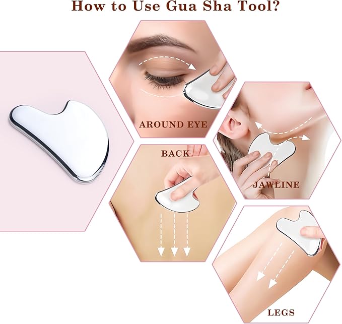 Stainless Steel Gua Sha and Face Roller Set Facial Massager Tools, Lymphatic Drainage Massager Metal Gua Sha Skin Self Care Gifts Face Sculpting Guasha for Body Eyes with Pouch(Silver)