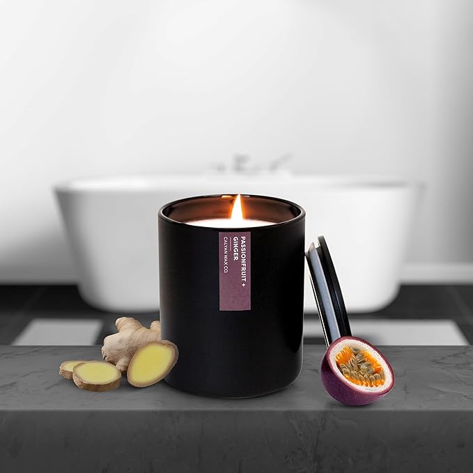 Calyan Wax Co. Passionfruit & Ginger Scented Candle - 75 Hour Burn - Luxury Non Toxic Soy Wax Candles - Long Lasting Black Tumbler Jar Candle for Home - 10.2oz