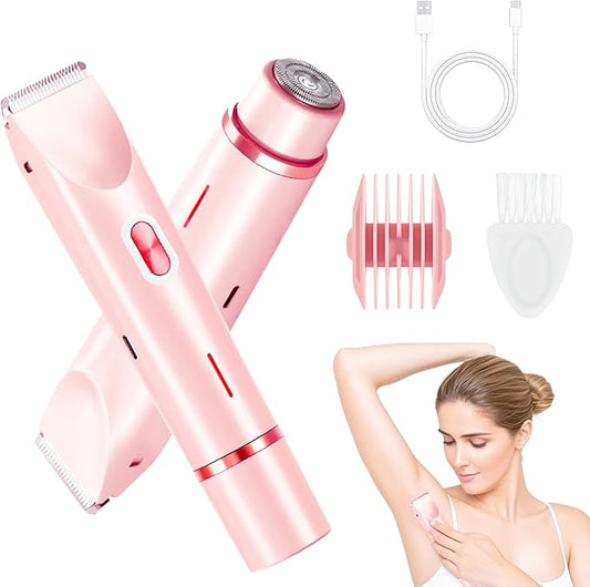 Bikini Trimmer for Women, 2 in 1 Electric Razors for Women, Dermave Bikini Shaver, IPX7 Waterproof & Easy Cleaning, Ceramic Blade, 120 Min Cordless Runtime, Ultra Low Silent (Pink).