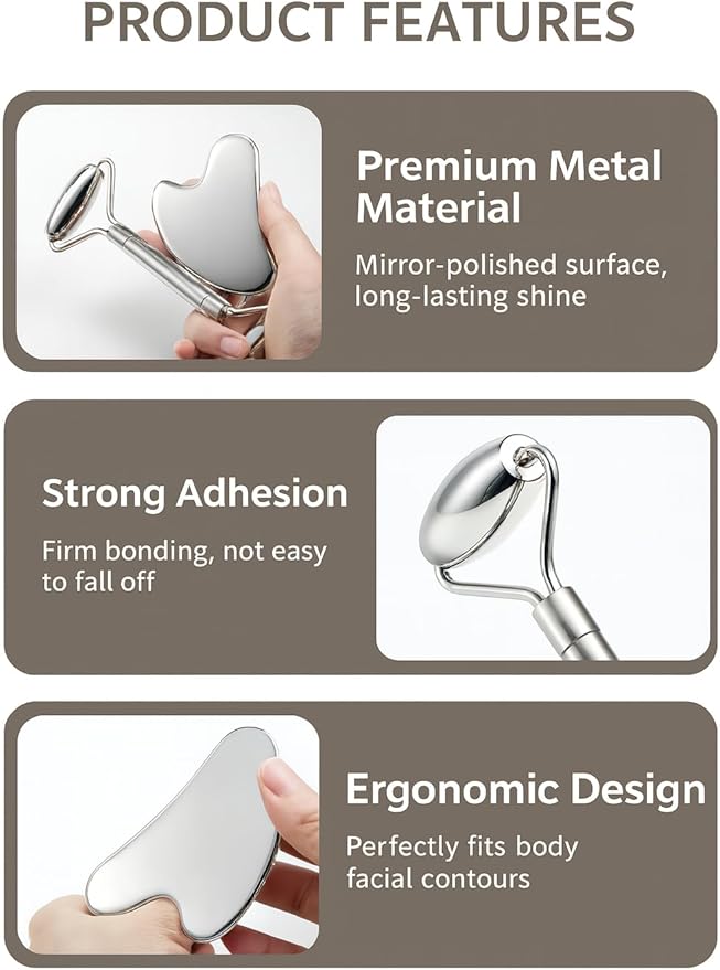 Stainless Steel Gua Sha and Face Roller Set Facial Massager Tools, Lymphatic Drainage Massager Metal Gua Sha Skin Self Care Gifts Face Sculpting Guasha for Body Eyes with Pouch(Silver)