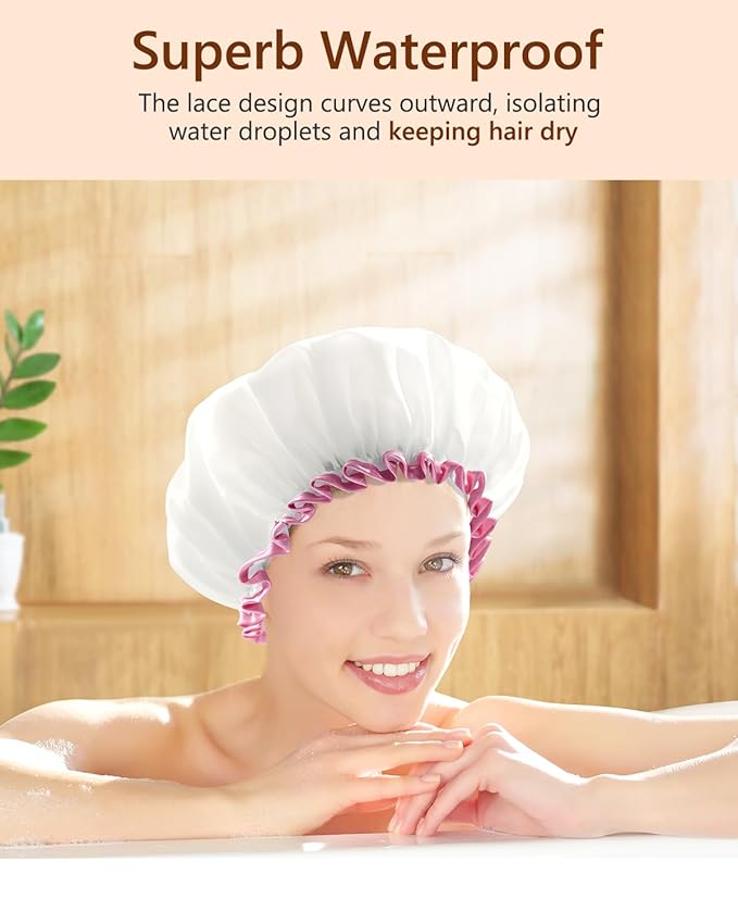 mikimini White Large Shower Caps for Women Long Hair Pack of 2, Reusable Waterproof Double Layers Bathing Hair Cap Soft Comfortable PEVA Lining, Cute, Non-fading & Stretchy Shower Hat X-Large