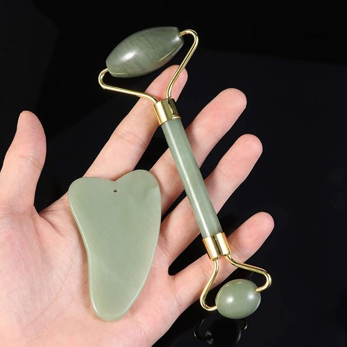 Gua Sha Facial Tools Guasha Tool Gua Sha Jade Stone for Face Skincare Facial Body Acupuncture Relieve Muscle Tensions Reduce Puffiness Festive Gifts (Green-Set)