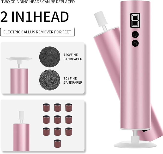 Powerful Electric Foot File & Callus Remover - Over 1-Hour Continuous Use, 360° Rotating Grinder, Foot Drill & Sander, 1200mAh Rechargeable Cordless Pedicure Tool,Foot Grinder(Pink+White)