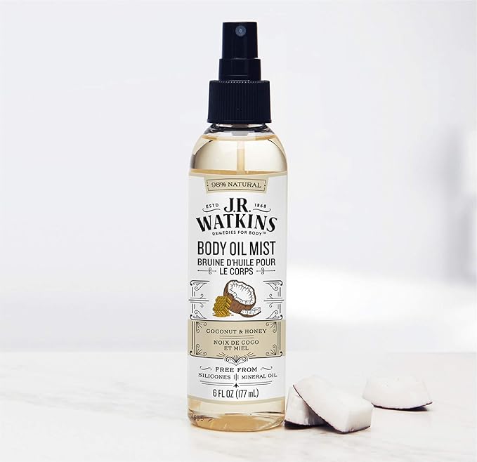 JR Watkins Natural Hydrating Body Oil Mist, Coconut Milk & Honey, Moisturizing Body Oil Spray for Glowing Skin and Cruelty Free, 6 fl oz