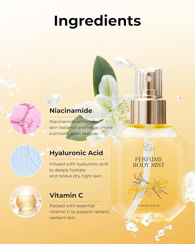 BOM Chiffon Vanilla Perfume Body Mist 3.71 Fl Oz, Vanilla Scented Fine Mist with Hyaluronic Acid, Niacinamide & Vitamin C, Hydrating, Lightweight Spray with Long-Lasting Fragrance, Korean Skincare