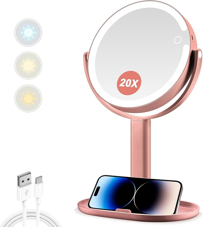 MIYADIVA Makeup Mirror with Lights,20X Magnifying Mirror with Light and Touch Switch, 2-Sided Vanity Mirror with 3 Colors and 80 LEDs, Metallic Rose Gold