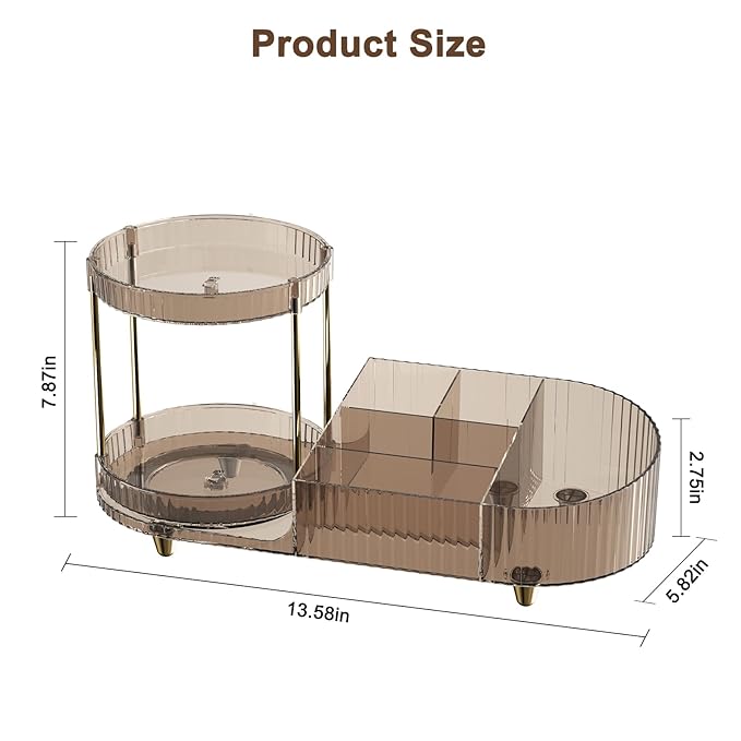 Makeup Organizer Countertop with 360 Rotating Perfume Trays, 7-Divider Vanity Skincare Organizers, Make Up Desk Organization and Storage with Cosmetic Brush Holder for Bedroom Bathroom Counter