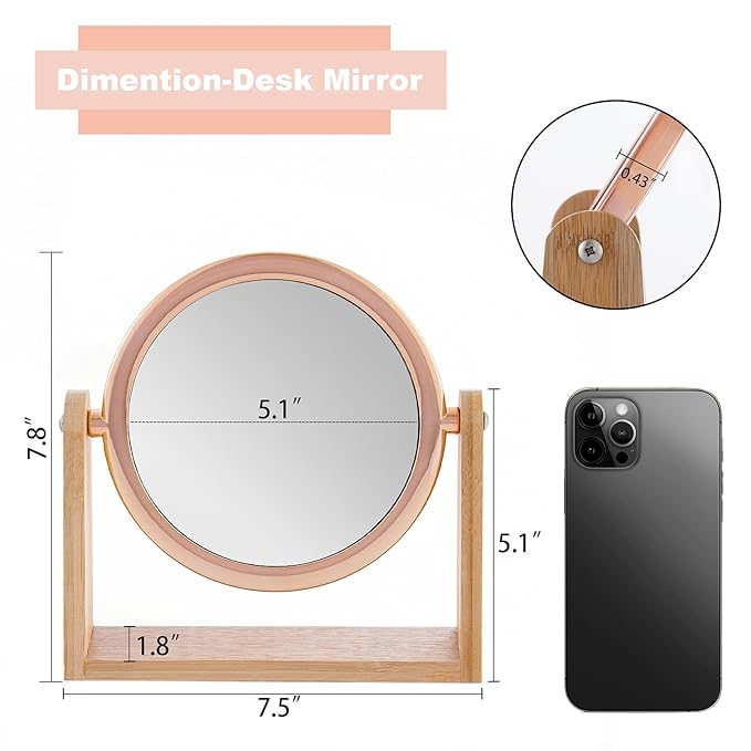 YEAKE Double Sided 10X Magnifying Makeup Mirror with Bamboo Stand,Small Desk Table Mirror with 360° Rotation,Standing Portable Cosmetic Mirror,Good for Shaving,Traveling(Rose Gold,Round)