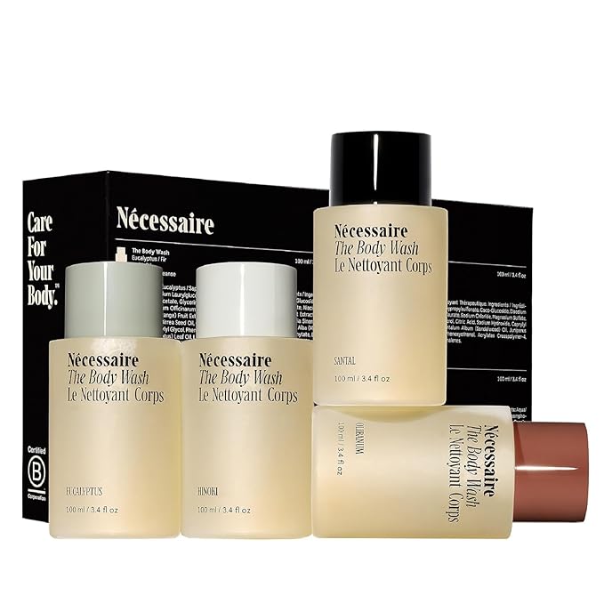 Nécessaire The Body Wash Discovery Collection. Skincare Gift Set For Women + Men. Radiance Cleanse. 4x Travel Size Skin Care Set With Vitamins + Niacinamide. 3.4 fl oz.