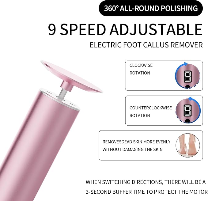 Powerful Electric Foot File & Callus Remover - Over 1-Hour Continuous Use, 360° Rotating Grinder, Foot Drill & Sander, 1200mAh Rechargeable Cordless Pedicure Tool,Foot Grinder(Pink)