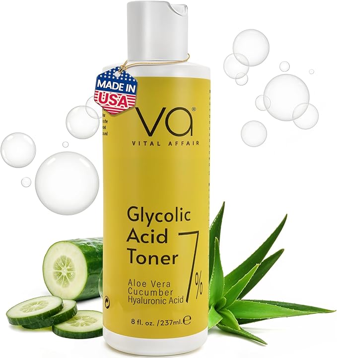 Glycolic Acid Toner for Face - Anti Aging, Pore Minimizer for Face, Exfoliating Toner - with Aloe Vera, Cucumber, Hyaluronic Acid - AHA - Alcohol Free - for All Skin Types - by Vital Affair.