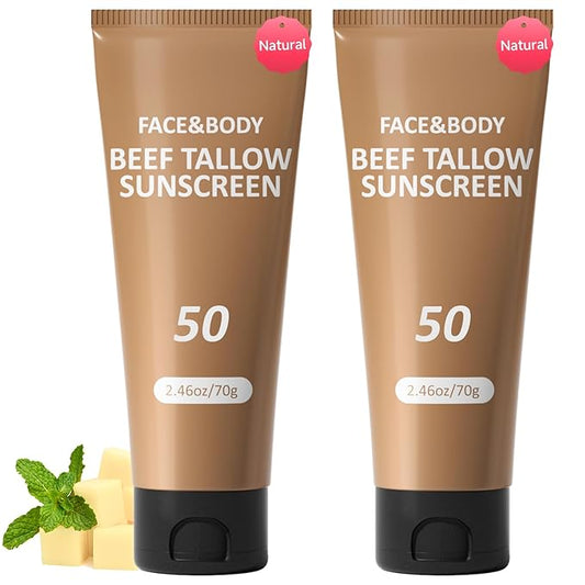Beef Tallow Sunscreen, Sunscreen for Face, Waterproof SPF 50 Natural Reef Safe Sunblock for Face Body, Non Greasy Clean Travel Sun Screen Sunblock for Sunmmer Outdoor Travel, 2.46 OZ, 2Packs
