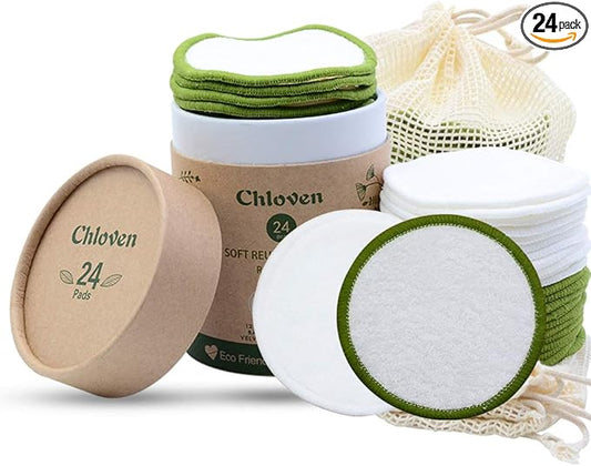 Chloven Reusable Makeup Remover Pads 24 Pack - Washable Eco-Friendly Bamboo Velour Pads for All Skin Types,Bamboo Reusable Cotton Rounds for Toner, with Cotton Bag and Round Box for Storage