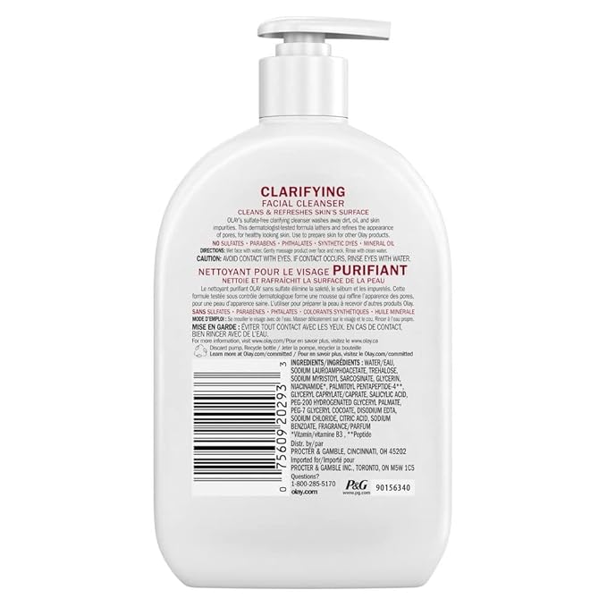 Olay Face Wash, Daily Facial Cleanser with Niacinamide, Peptides & Glycerin - Clarifying, Refreshes Skin Surface, Refines Appearance of Pores - Sulfate-Free, Paraben-Free, Oil-Free, 16 Oz