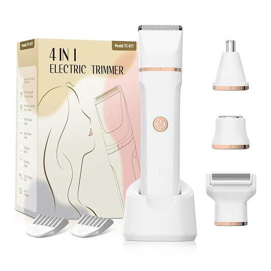 Electric Bikini Trimmer for Women - 4 in 1 Electric Razors for Women, Waterproof Pubic Hair Trimmers and Facial Hair Remover, Replaceable Shaver & Nose Hair Trimmer, Rechargeable Women's Grooming Kit