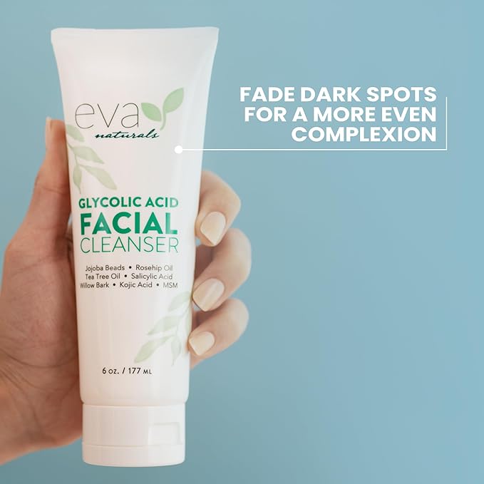 Eva Naturals Glycolic Acid Facial Cleanser – Exfoliating Face Wash with Salicylic Acid, Tea Tree & Vitamin E for Acne, Blackheads, Dark Spots, Wrinkles & Smooth, Clear, Radiant Skin Care - 6 Fl Oz