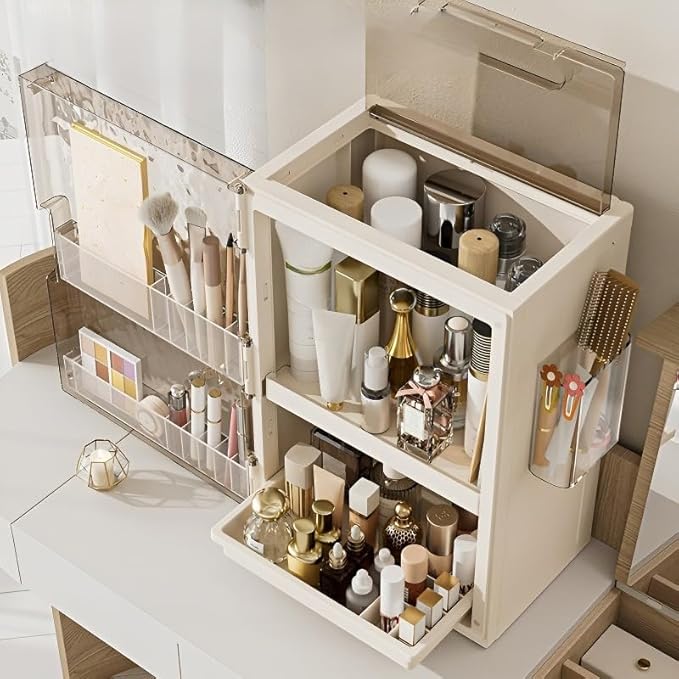Makeup Organizer with Drawers,Skincare Organizer for Vanity,Large Cosmetic Display Case with Handle,Storage Organizers with Cover and Makeup Brush Holder for Dresser, Bathroom Countertop