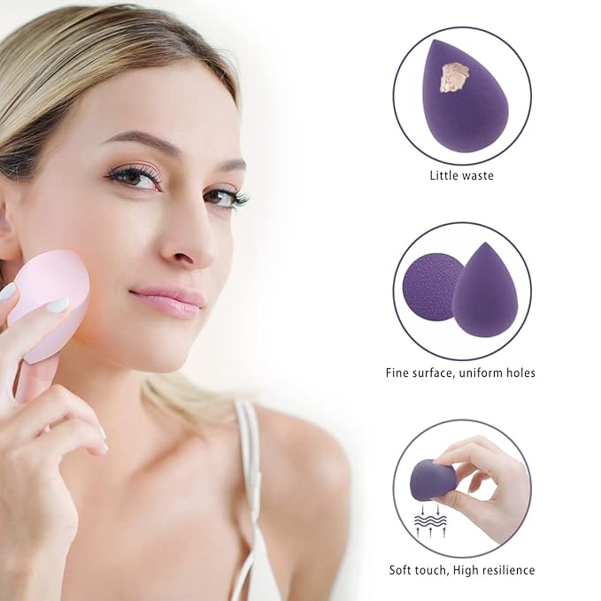 5 Pcs Makeup Sponges Set - 4 Beauty sponges Blending Blenders with 1 Holder and Egg Case, Flawless for Cream, Powder and Liquid (Purple)