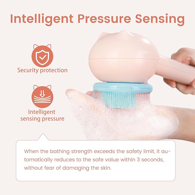 Electric Back Scrubber for Shower Body Brush, Waterproof Shower Body Scrubber for Cleansing, Massaging, Rechargeable Spinning Bath Brush for Kids with 2 Heads & 3 Speed Modes, Berry Pink XY0