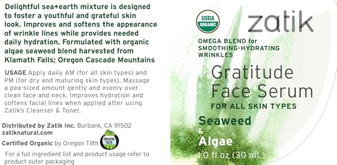 Zatik Naturals - Gratitude Face Serum with Seaweed and Algae, USDA Organic, Vegan, Non GMO Gluten Free, Soy Free, Alcohol Free, pH Balanced, Biodegradable, 1.0 fl oz, 30ml