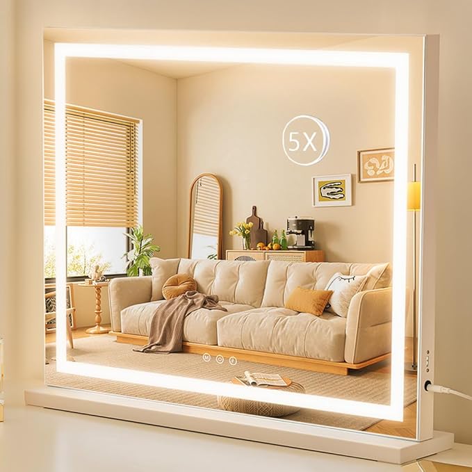 HIEEY Lighted Makeup Mirror, Hollywood Vanity Mirror with Lights, Three Color Lighting Modes, with 5X Magnification Mirror, Smart Touch Control, 360°Rotation (22.8in,White)