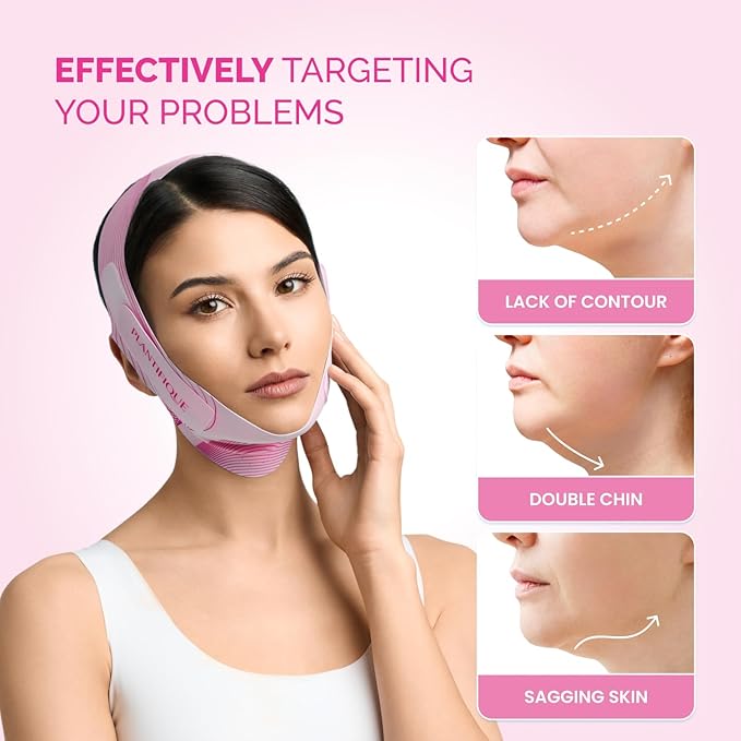 PLANTIFIQUE Chin Strap for Face Contouring - Reusable V Line Ice Silk Fabric Mask - Double Chin Shaping, Adjustable, Breathable Fabric - Jawline Shaper for Women & Men