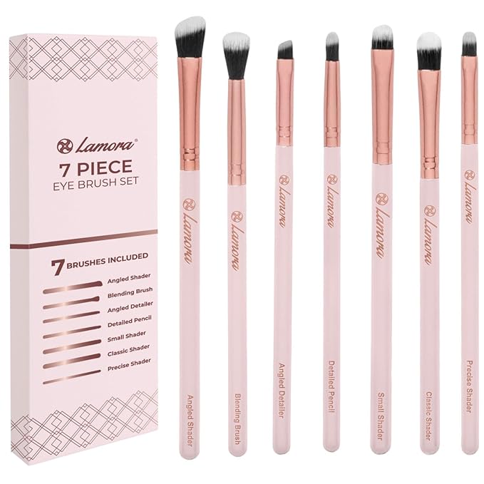 Lamora Eyeshadow Brush Set - Precision Eyeshadow Brushes For Blending Smudging Shading Defining Powdered and Liquid Eye Make-Up - 7Pc Pro Eye Makeup Brushes With Vegan Bristles