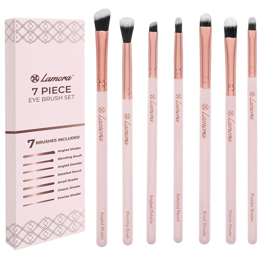 Lamora Eyeshadow Brush Set - Precision Eyeshadow Brushes For Blending Smudging Shading Defining Powdered and Liquid Eye Make-Up - 7Pc Pro Eye Makeup Brushes With Vegan Bristles