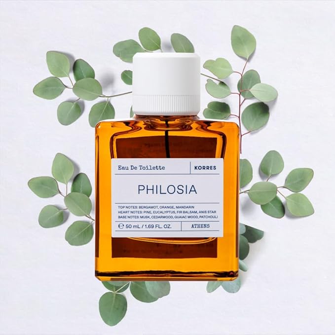 KORRES Philosia Eau de Toilette Spray, Bergamot Orange Mandarin Top, Pine Eucalyptus Fir Balsam Heart, Musk Cedarwood Guaiac Wood Patchouli Base, Woody Aromatic Fruity Scent, Unisex, Vegan, 1.69 Fl Oz