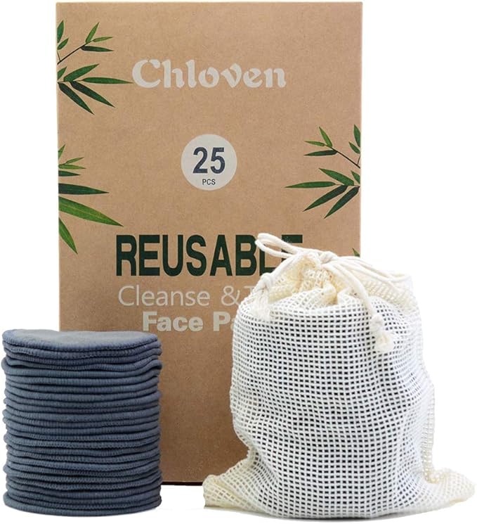Chloven 25 Pack Charcoal Bamboo Reusable Makeup Remover Pads - Bamboo Reusable Cotton Rounds for Toner, Washable Eco-Friendly Pads for All Skin Types with Cotton Bag for Storage