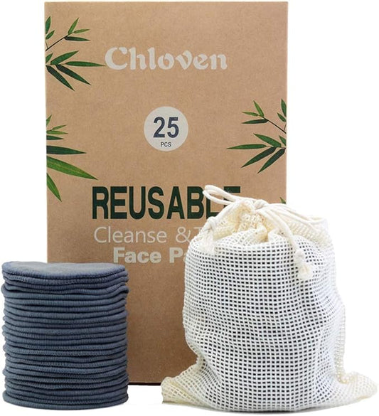 Chloven 25 Pack Charcoal Bamboo Reusable Makeup Remover Pads - Bamboo Reusable Cotton Rounds for Toner, Washable Eco-Friendly Pads for All Skin Types with Cotton Bag for Storage