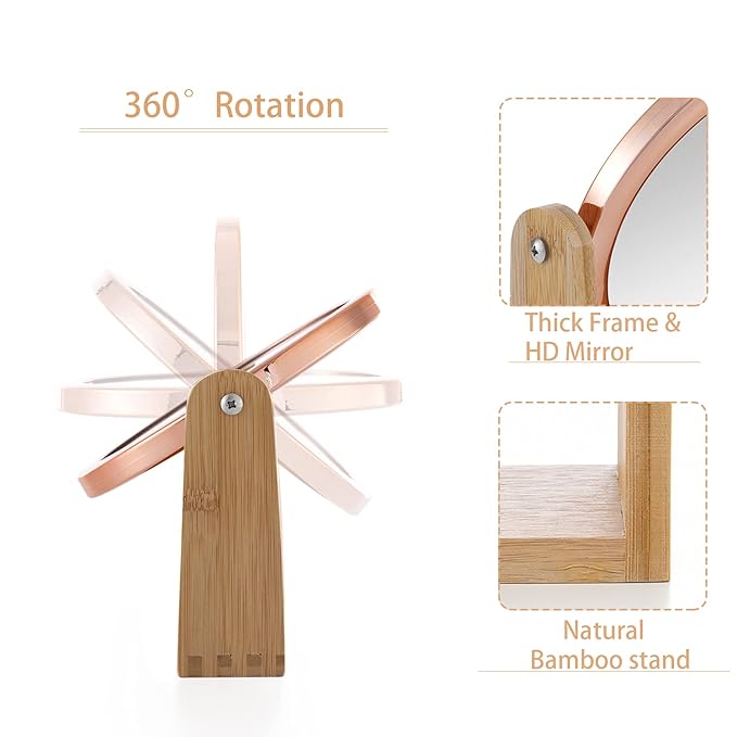 YEAKE Double Sided 10X Magnifying Makeup Mirror with Bamboo Stand,Small Desk Table Mirror with 360° Rotation,Standing Portable Cosmetic Mirror,Good for Shaving,Traveling(Rose Gold,Round)